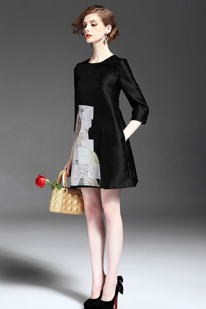 WOMEN'S CASUAL 3/4 SLEEVE EMBROIDERY ROUND NECK DRESS