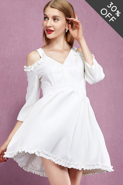 [30% OFF TILL 8 APR] Elegant V Neck Irregularity Hollow-Out Sleeve Patched Mini Dress