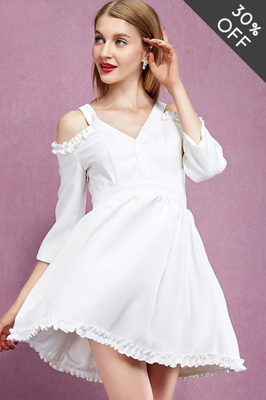 [30% OFF TILL 8 APR] Elegant V Neck Irregularity Hollow-Out Sleeve Patched Mini Dress