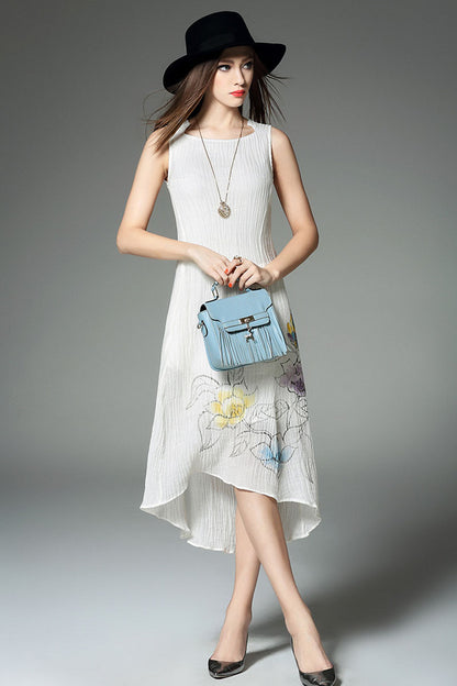 Round Collar Painting Front Short  Back Long Irregular Dress