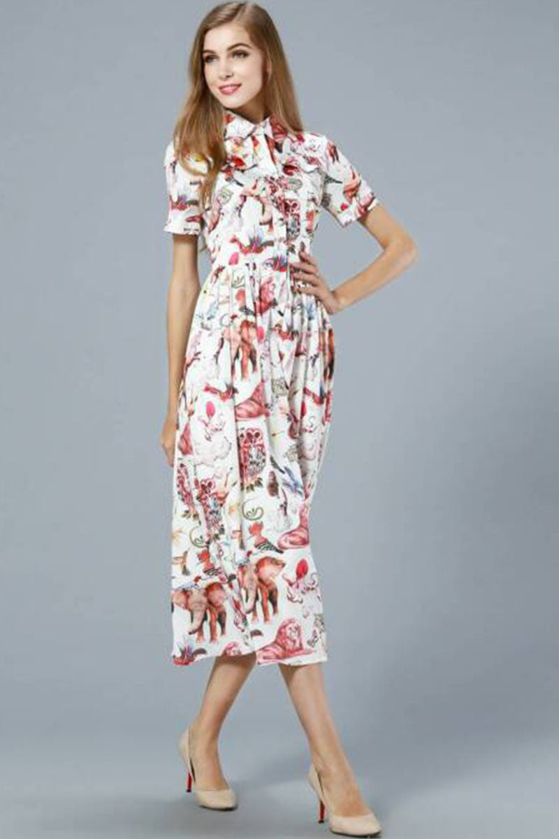 CASUAL ANIMAL PRINTING POLO NECK SHORT SLEEVE VACATION DRESS