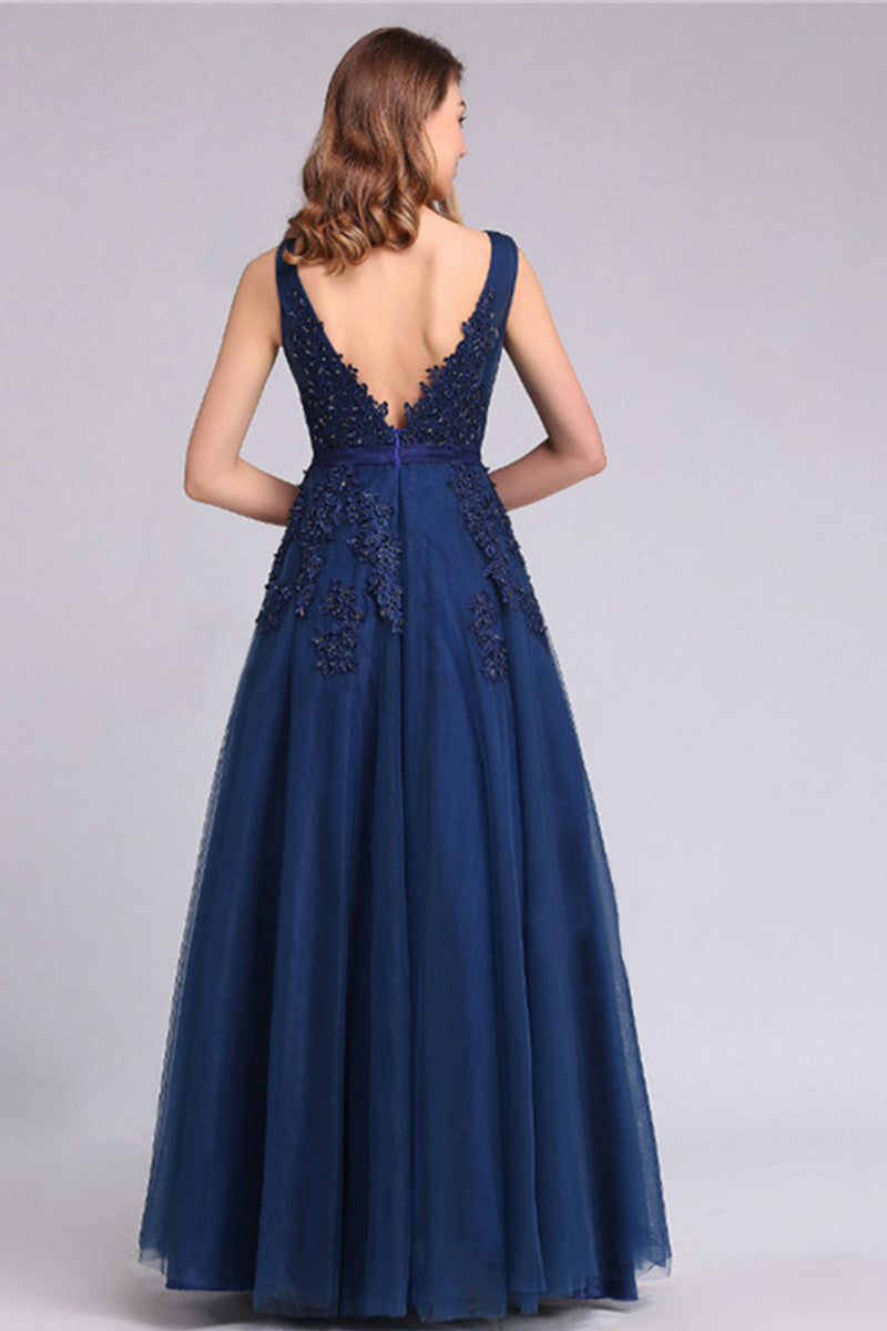 Deep V Neck Floral Lace Sequin Tulle Overlay Gown