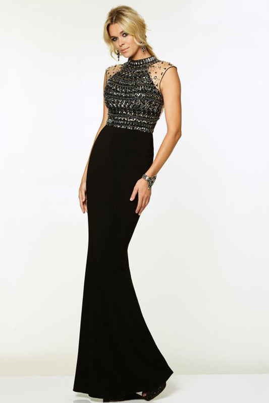 Mock Neck Acrylic Beaded Top Low Cut Back Waist Party Dress