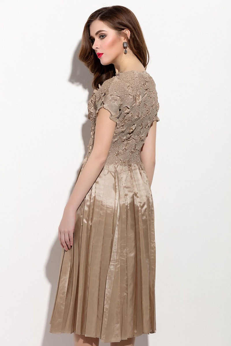 Round Collar Pleated Swing Flare Fit Wedding Party  Dress - NJOYDRESS - 2