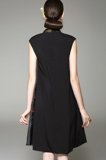 Floral Printed  Layer Black Cocktail Cheongsam