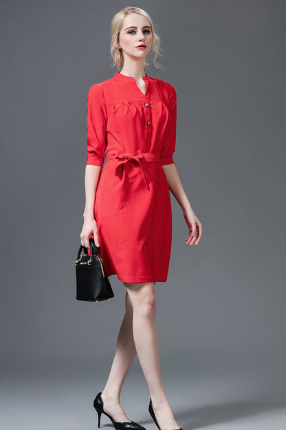 Slit Stand Neck Puff Sleeve Belted Dress