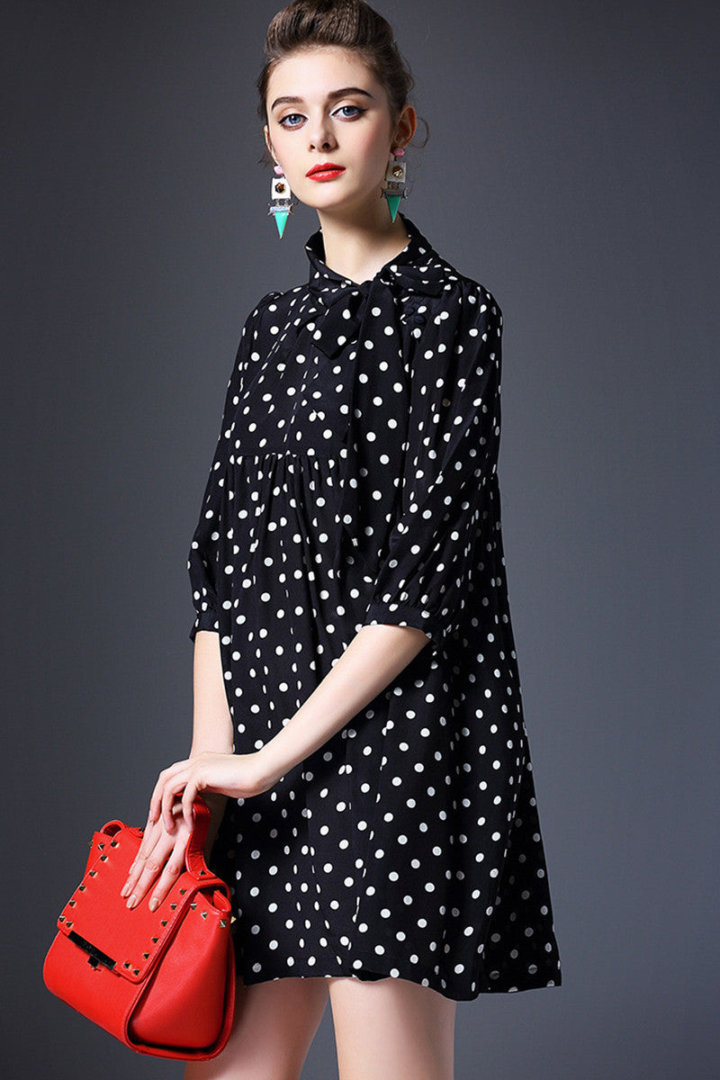 WOMEN'S DOT PRINTING STAND COLLAR HALF SLEEVE SHORT DRESS