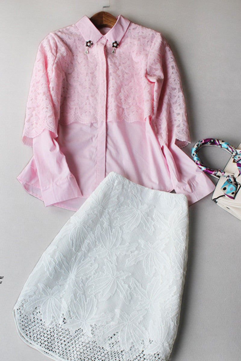 Lapel Neck Lace Patch Shirt And  Wrap Skirt