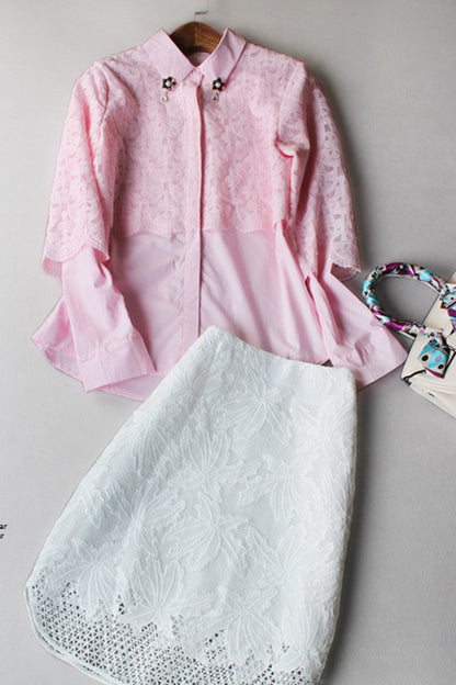 Lapel Neck Lace Patch Shirt And  Wrap Skirt