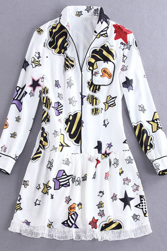 V Neck Cartoon Print Lace Hemline Pleated Dress