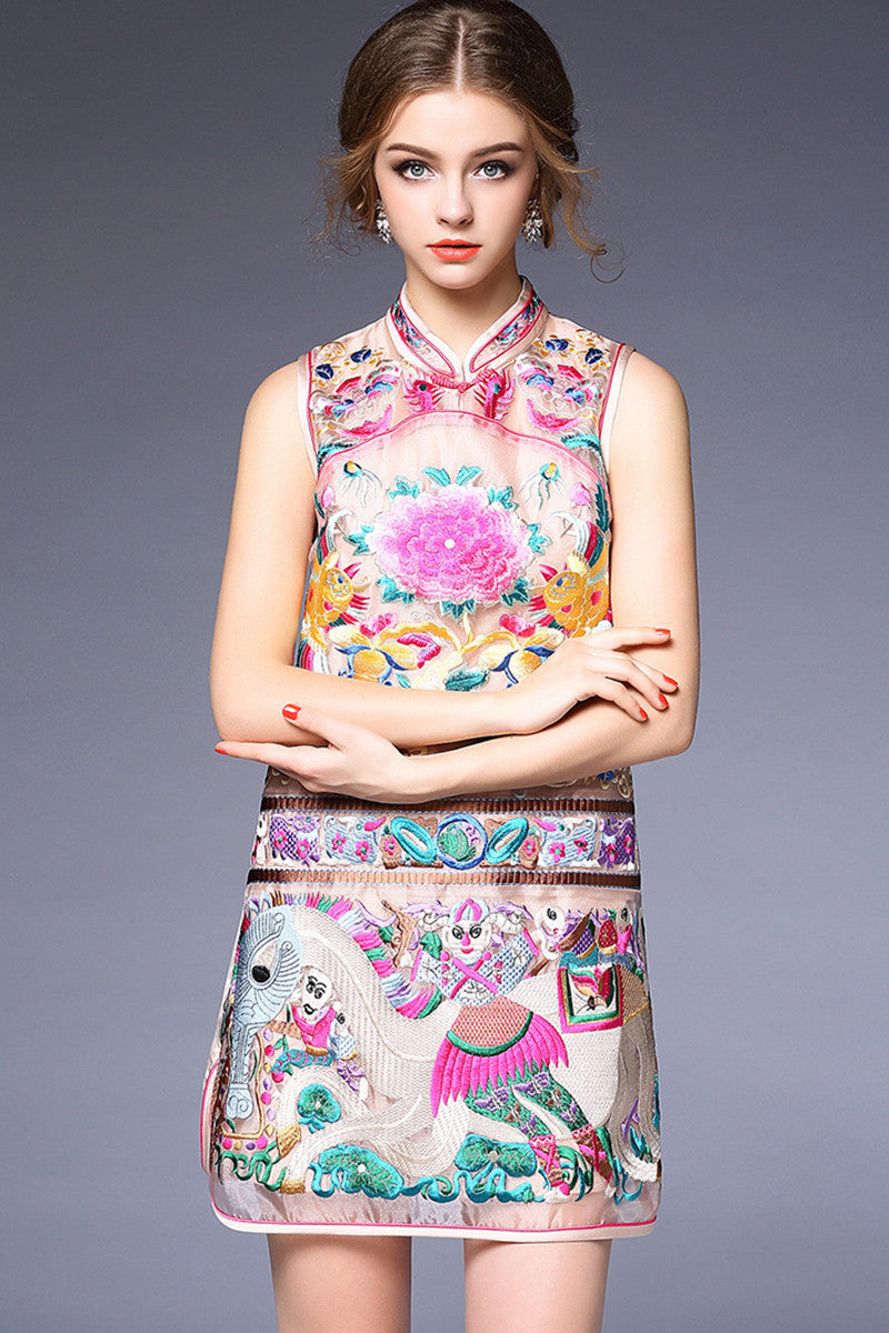 Sleeveless Stand Collar Peony Embriodery Slim Chirpaur