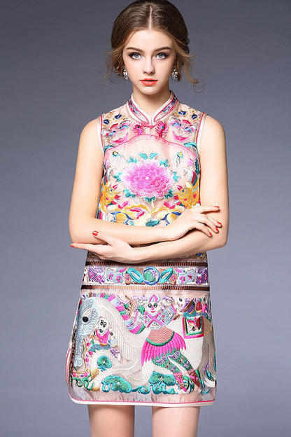 Sleeveless Stand Collar Peony Embriodery Slim Chirpaur