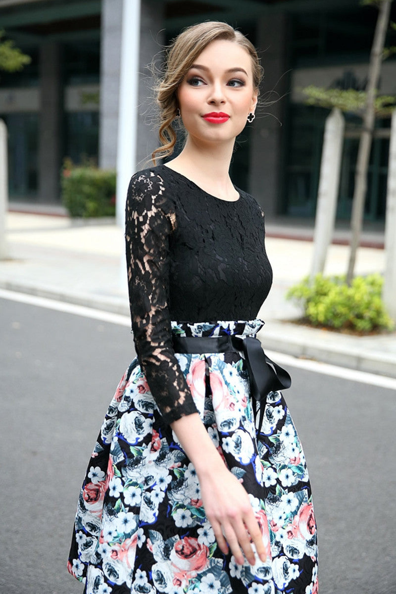 Lace Top With Ruffle Waist Flared Skirt Dress
