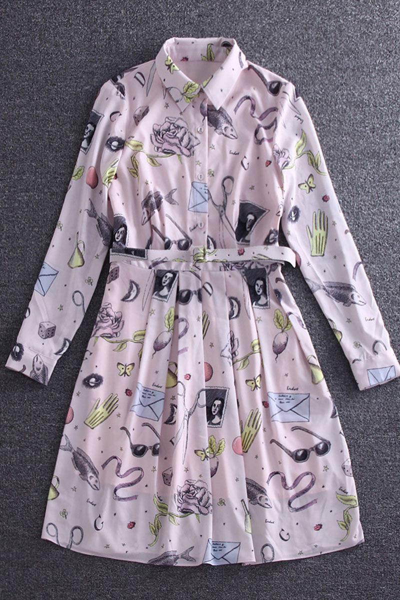 Roll Collar Pattrn Print Slant Pocket Pleat Dress - NJOYDRESS - 1