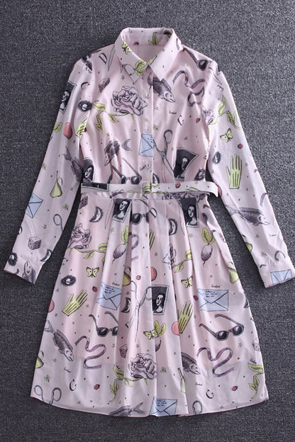 Roll Collar Pattrn Print Slant Pocket Pleat Dress - NJOYDRESS - 1