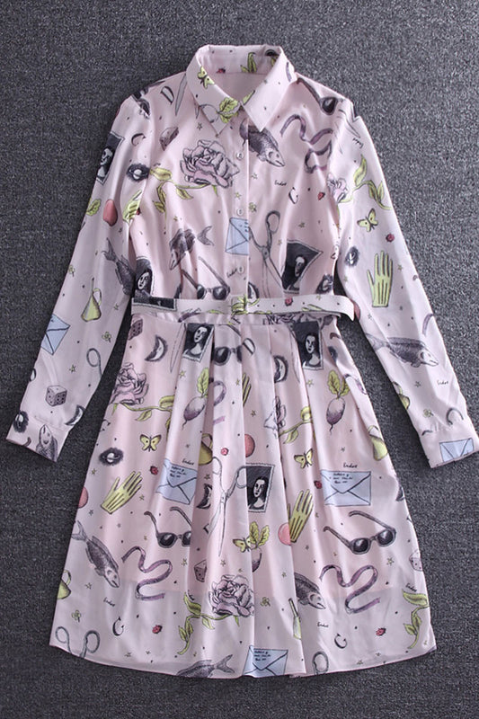 Roll Collar Pattrn Print Slant Pocket Pleat Dress - NJOYDRESS - 1