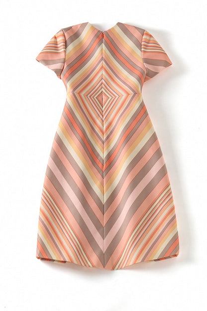WOMEN'S ROUND NECK CAP SLEEVE DIGITAL STRIPE SHORT DRESS