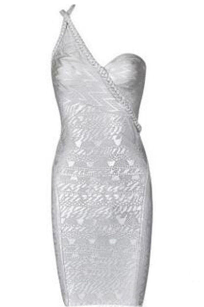 [50% OFF TILL 8 APR] Gold Foil Print Illusion One Shoulder Short Party Dress