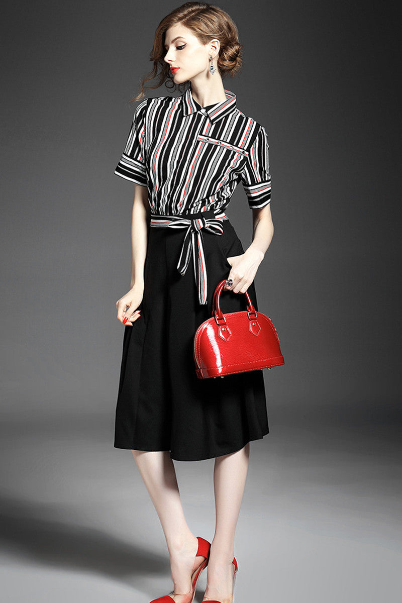 1 Women's Polo Neck Shirt Short Sleeve Slim Stripe Skirt With Belt Suit - NJOYDRESS - 2