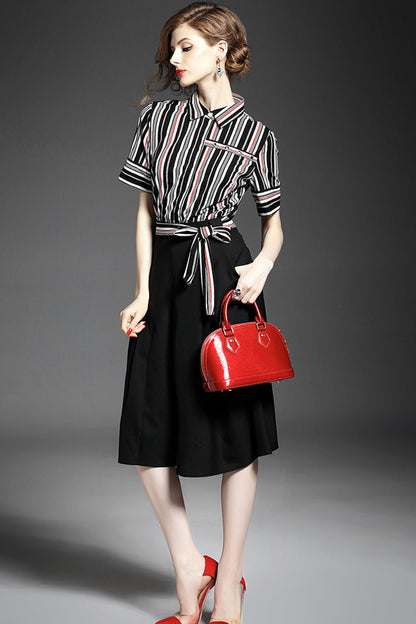 1 Women's Polo Neck Shirt Short Sleeve Slim Stripe Skirt With Belt Suit - NJOYDRESS - 2