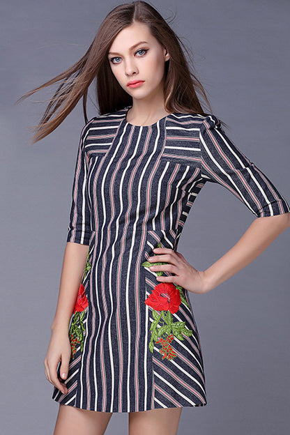 WOMEN'S SLIM FORMAL HALF SLEEVE STRIPE EMBROIDERY ROUND NECK DRESS