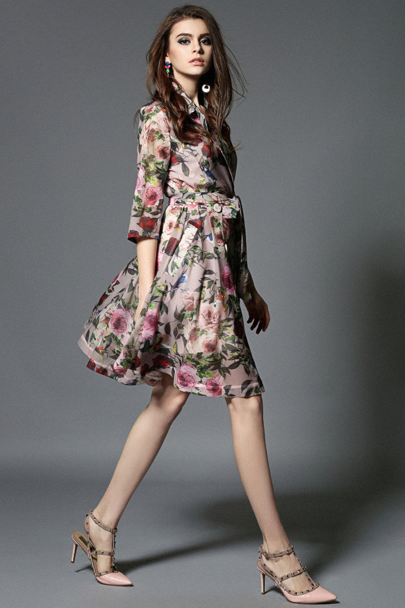 Peter Pan Collar Half-Sleeve Floral Lacing Waist Women Mini Dress