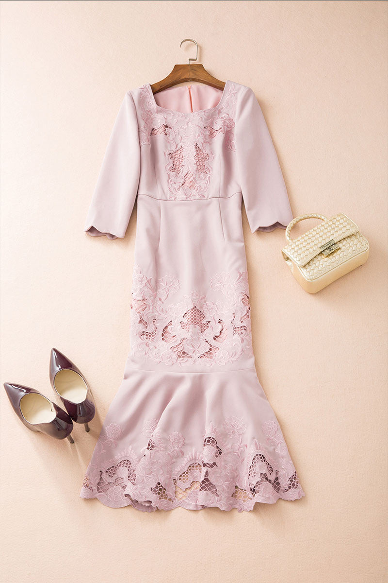 Long Finshtail Dress With Emboridered Cut Out - NJOYDRESS - 2