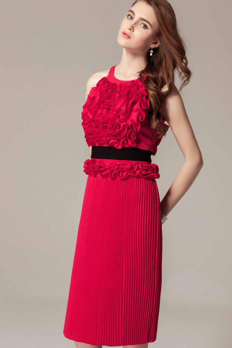 Rosette Halter Pleated Skirt Cocktail Dress