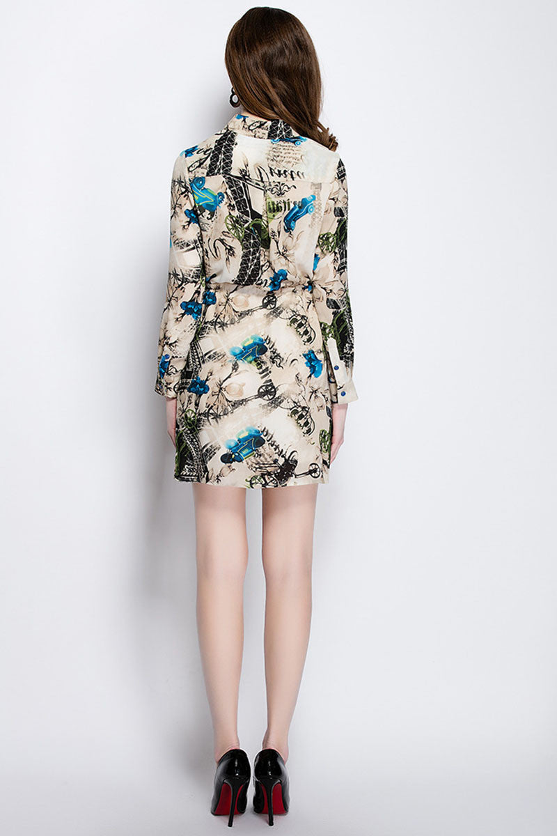 Roll Collaer Retro Pattern Print Lacing Waist Mini Dress - NJOYDRESS - 3