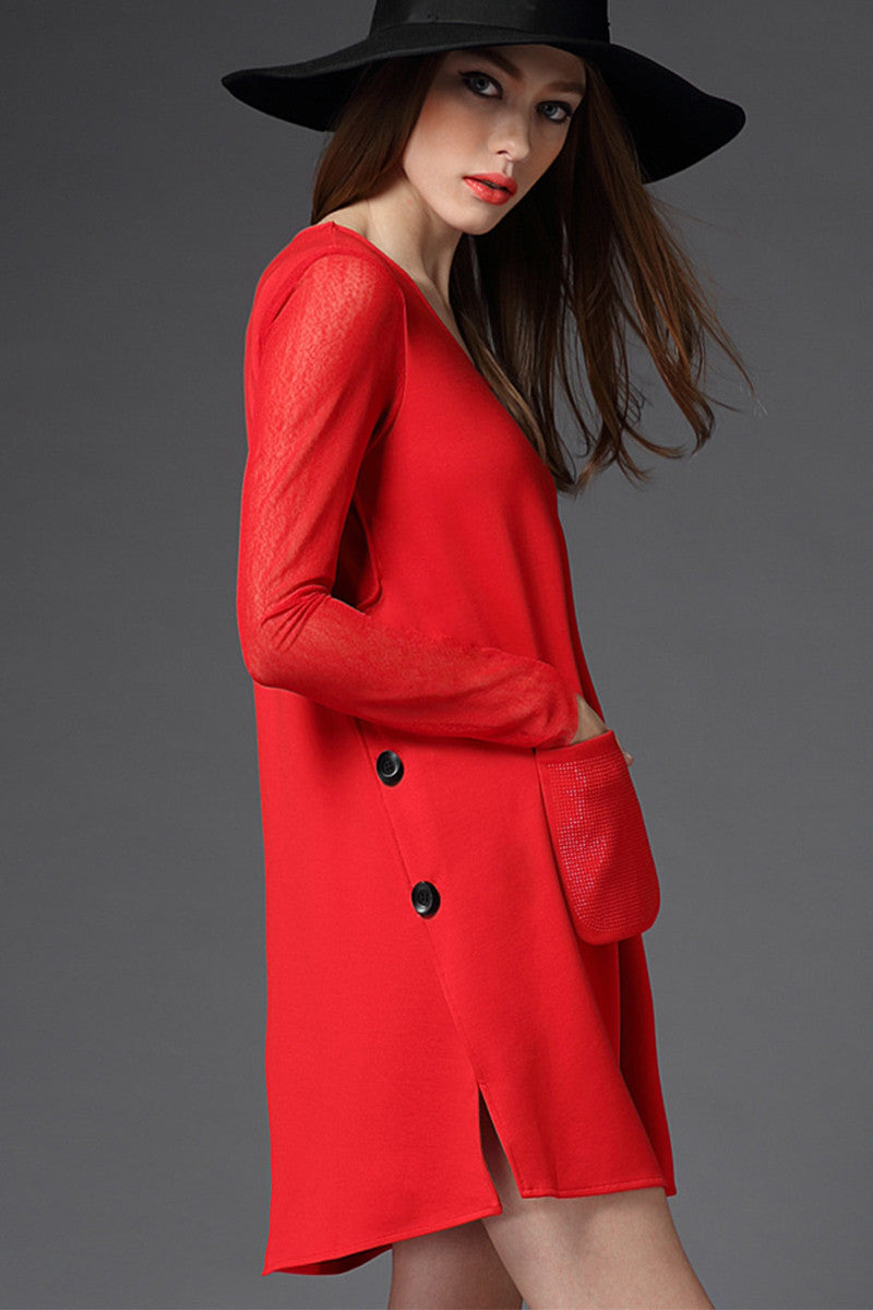 Round Collar Mesh Sleeve Beaded Front Pocket Dress