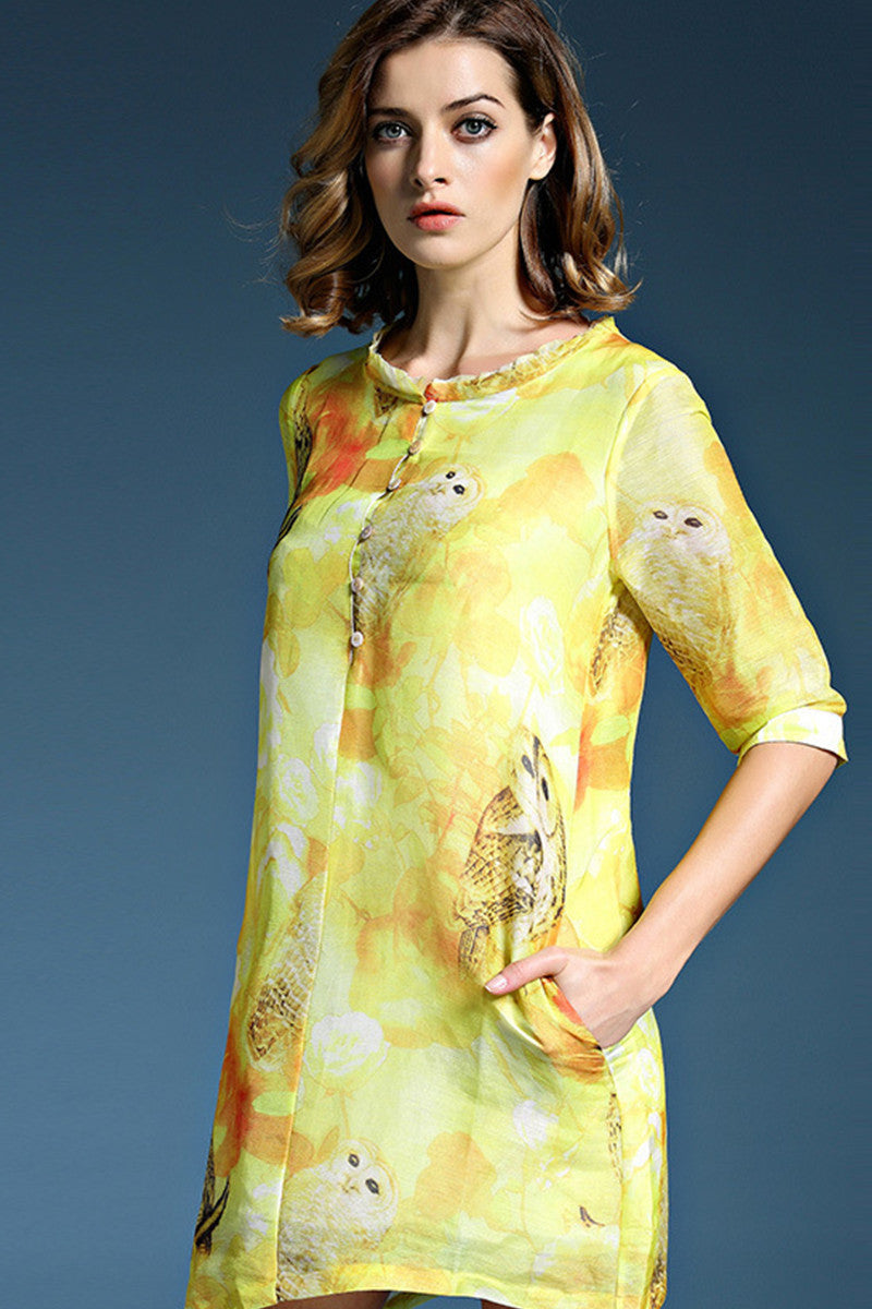 Round Collar Owl  And Tie-Dye Print Linen Irregular Dress