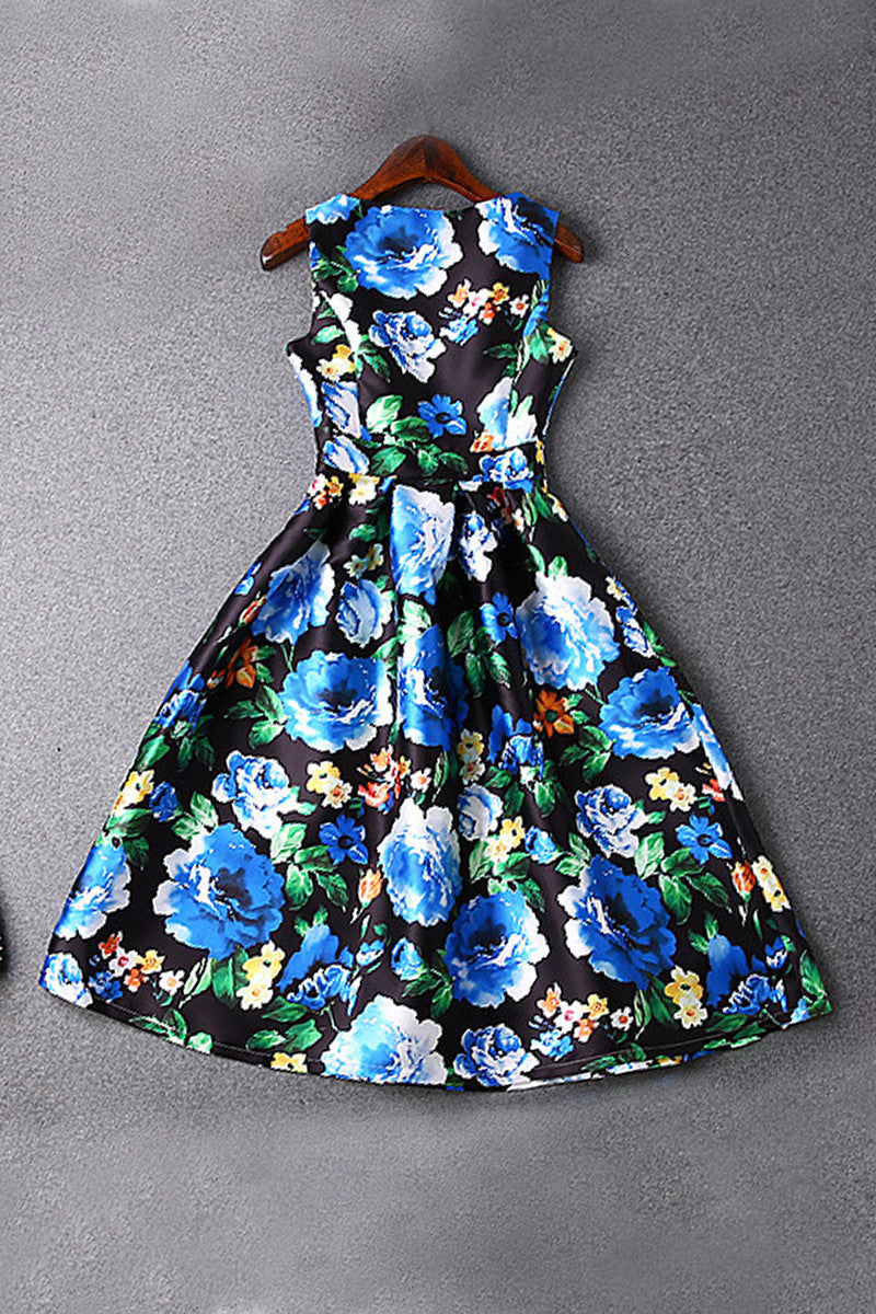 WOMEN'S PRINT AND FLORAL SLEEVELESS BOAT NECK MIDI DRESS