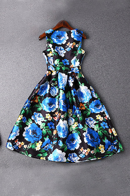 WOMEN'S PRINT AND FLORAL SLEEVELESS BOAT NECK MIDI DRESS