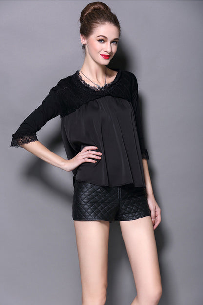 Women's Loose Casual Long 3/4 Sleeve Lace Neck Party Cocktail Shirt