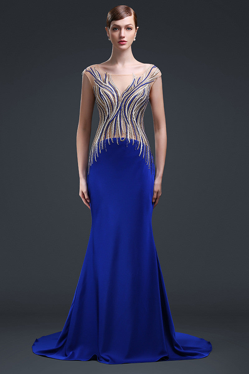 Nude Lace Top With Stone Feather Pattern Long Mermaid Expansion Dress