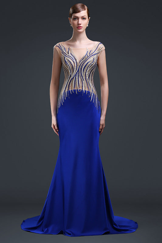 Nude Lace Top With Stone Feather Pattern Long Mermaid Expansion Dress