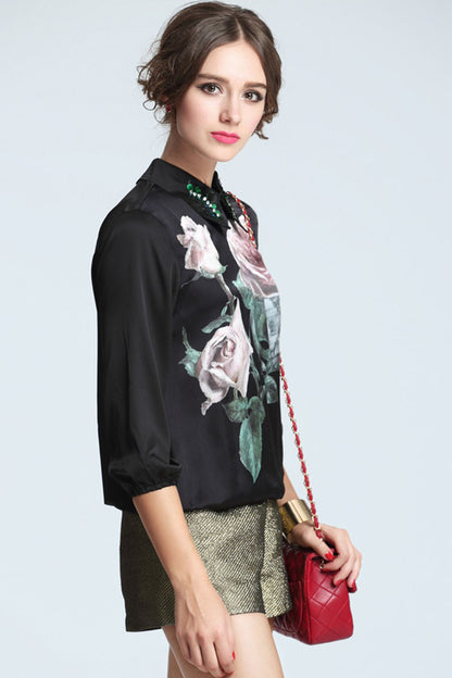 Sequin Lapel Neck Rose Print Loose Top