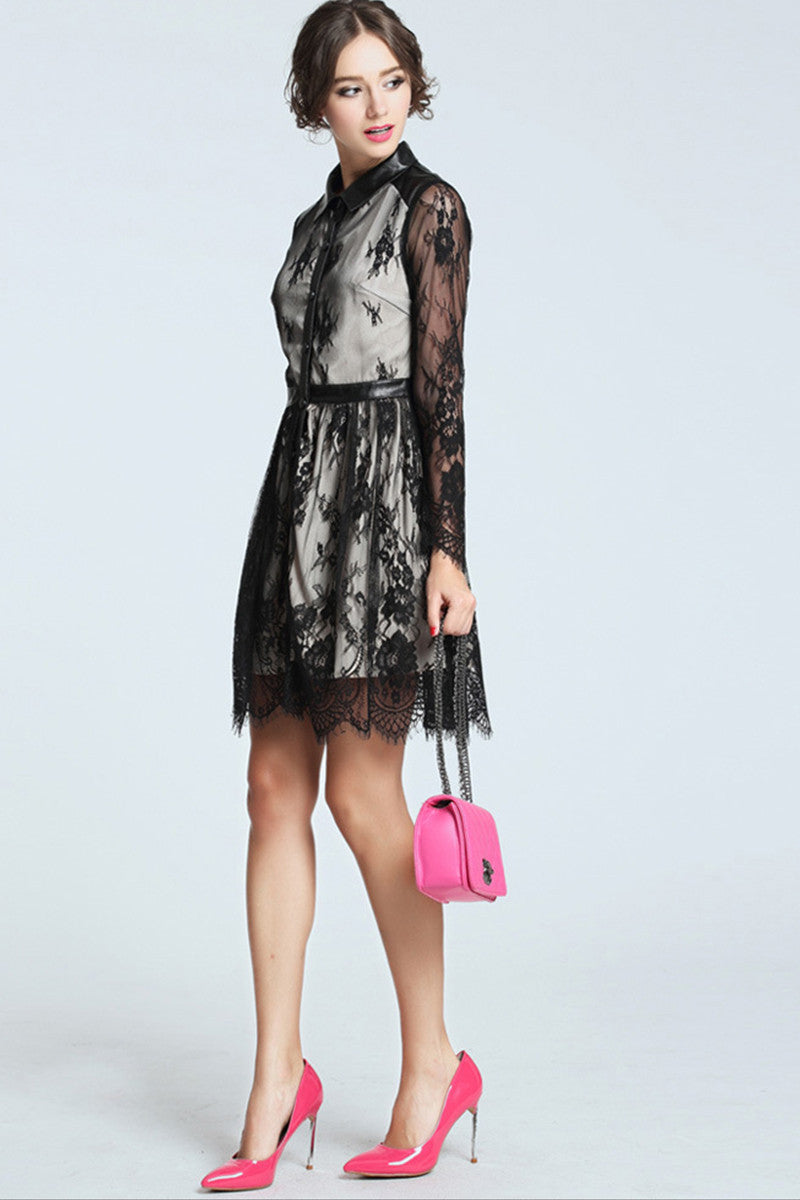 PU Lapel Neck Lace Patch Wavy Hemline Slim  Dress