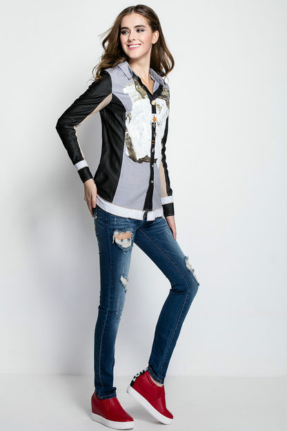 Roll Collar Multi Color Denim Patch Shirt - NJOYDRESS - 2
