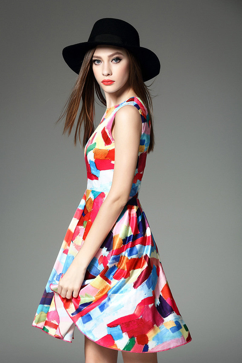 [30% OFF TILL 8 APR] Sleeveless Multi Scrawl Fit-and-Flare Cocktail Dress
