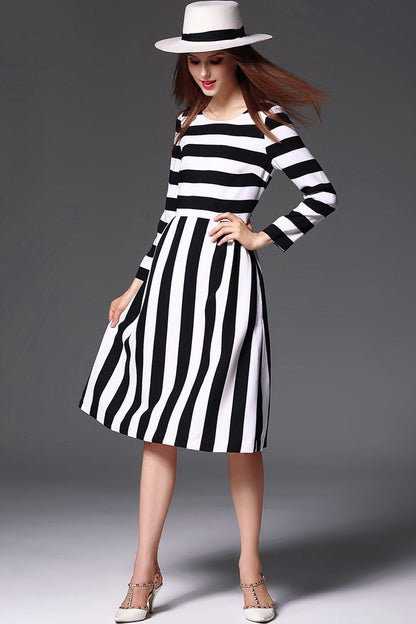 Women's Slim Boat Neck Striped 9 Sleeve Elegant Dress