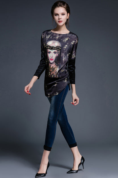Round Collar Character Image Beaded Bat Sleeve Lace Back Top