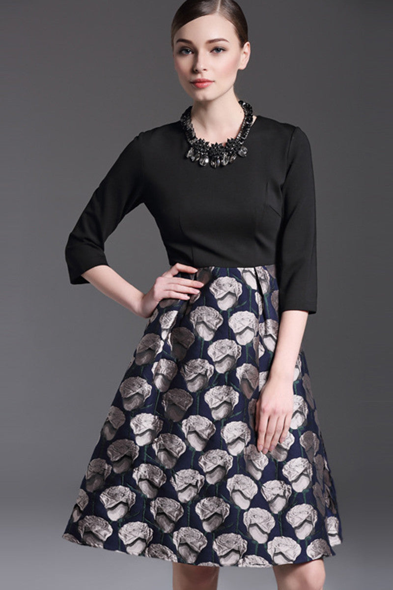 Round Collar Jacquard Full Flare Dress