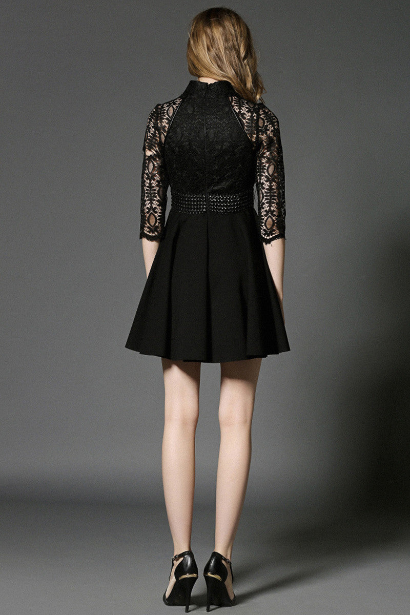 Stand Collar Hollow-Out Lace Patch Empire Waist Pleat Dress