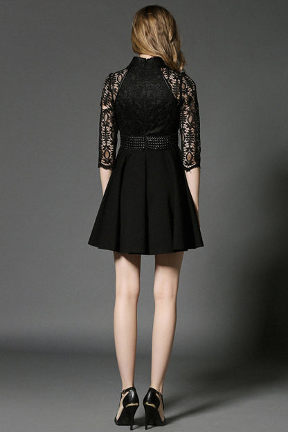 Stand Collar Hollow-Out Lace Patch Empire Waist Pleat Dress