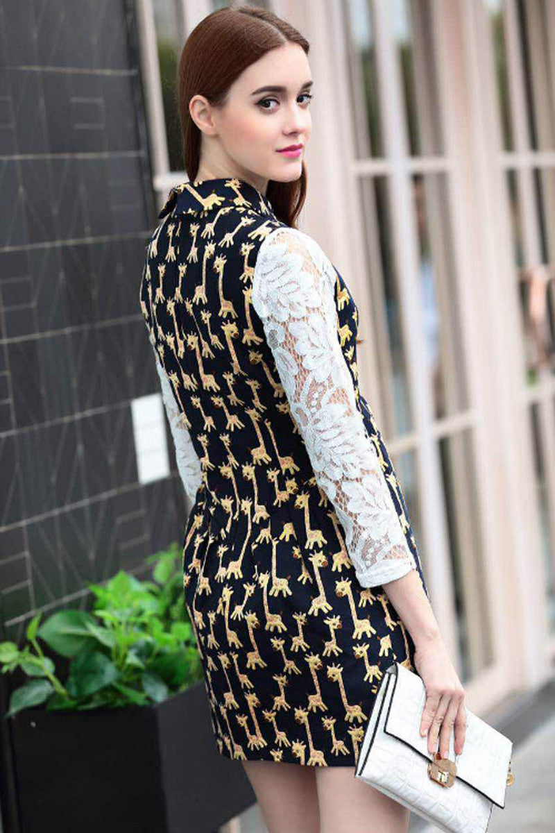 Giraffe Pattern Printed Faux Two-Piece Dress - NJOYDRESS - 2
