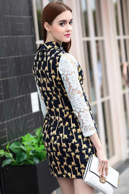 Giraffe Pattern Printed Faux Two-Piece Dress - NJOYDRESS - 2