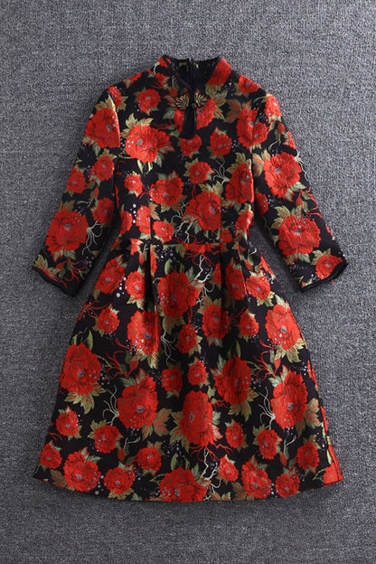 Jacquard Big Flower 3/4 Sleeve Dress - NJOYDRESS - 1