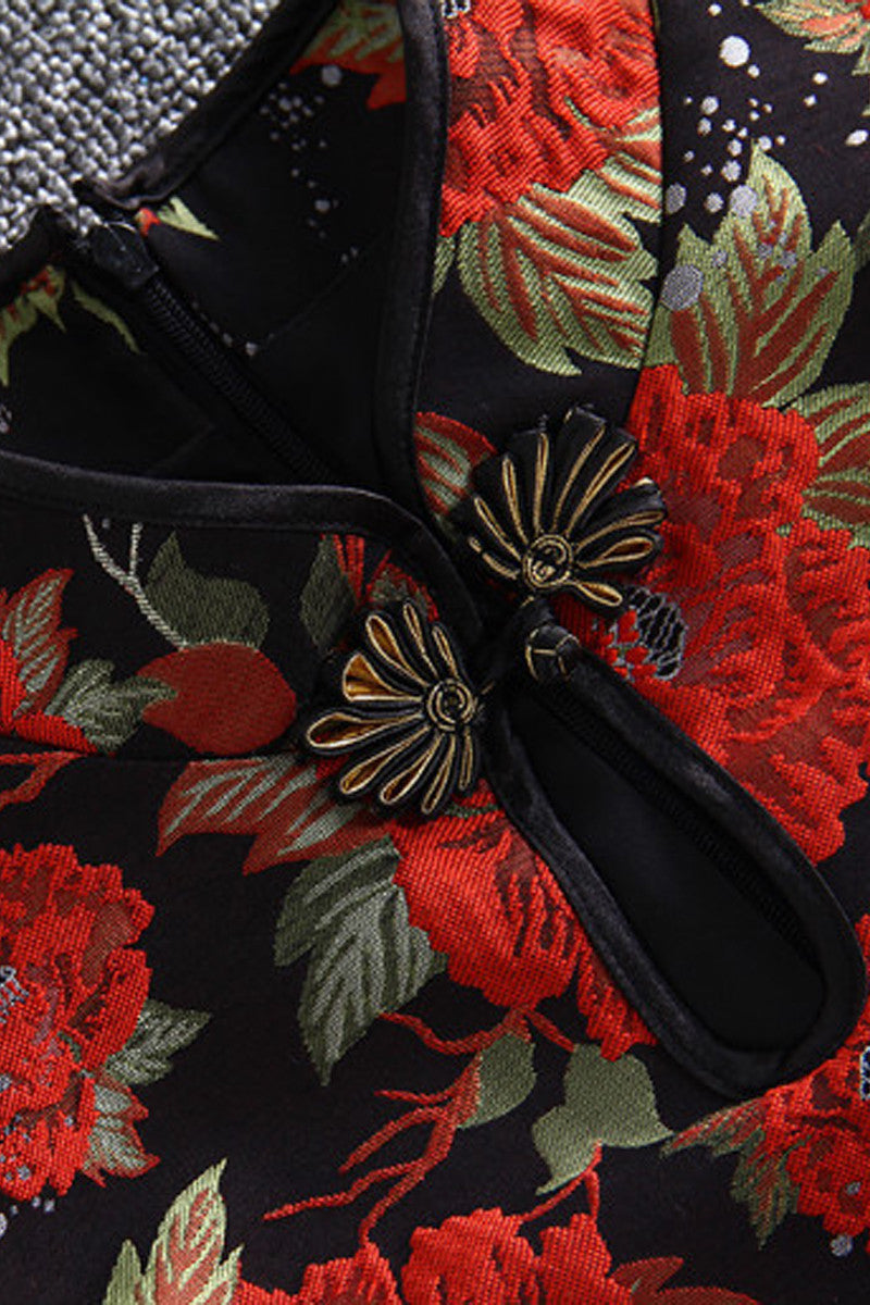 Jacquard Big Flower 3/4 Sleeve Dress - NJOYDRESS - 3