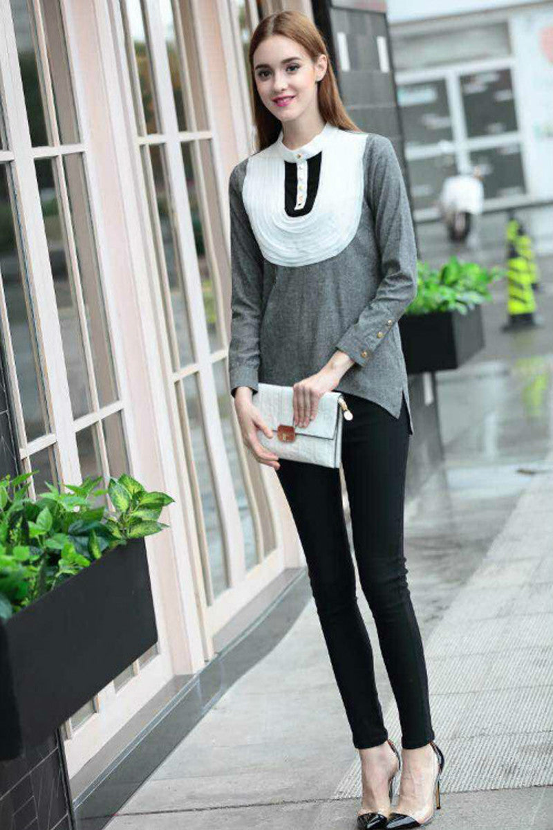 Mock Neck Cotton Blend Color Block Shirts - NJOYDRESS - 1